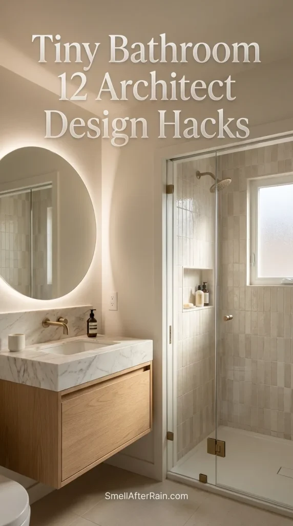A bright, modern small bathroom featuring a floating vanity, large frameless mirror, and glass shower partition. The design demonstrates Tiny Bathroom 12 Architect Design Hacks such as wall-mounted faucets and strategic lighting to maximize floor space and visual depth in a compact home renovation.