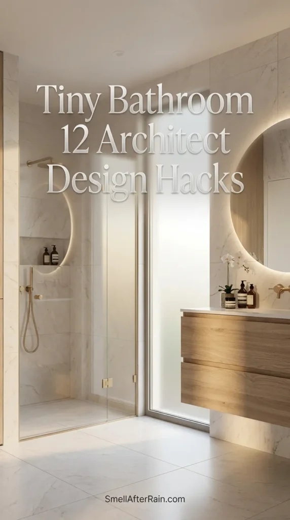 A beautifully designed small bathroom featuring a glass shower enclosure and floating vanity to save floor space. The bright white tiles and strategic lighting illustrate Tiny Bathroom 12 Architect Design Hacks used to make the room feel twice as big. Perfect inspiration for modern bathroom renovations and interior architecture planning.