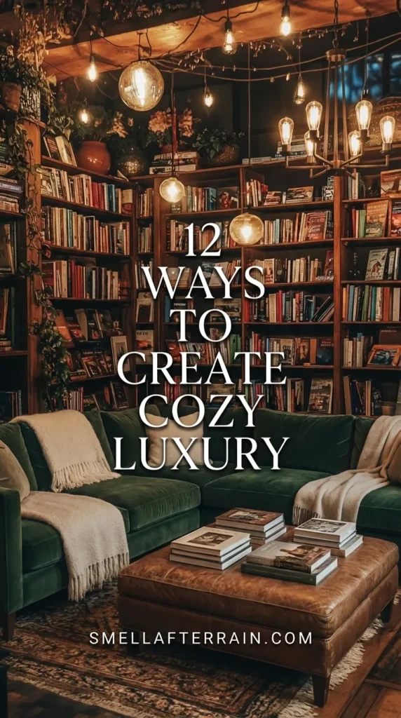 12 Ways to Create Cozy Luxury: A warm, library-style living room featuring floor-to-ceiling wooden bookshelves, hanging filament bulb lighting, plush dark grey beanbag chairs, trailing plants, and a vintage Persian rug creating a dark academia aesthetic.