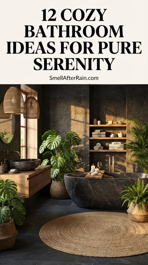 A warm, rustic bathroom design featuring a wooden slat shower wall, stone vessel sink, and wicker pendant lights. The space illustrates 12 Cozy Bathroom Ideas for Pure Serenity with a freestanding tub, soft jute rug, and abundant hanging plants that add organic texture and warmth to the earthy color palette.