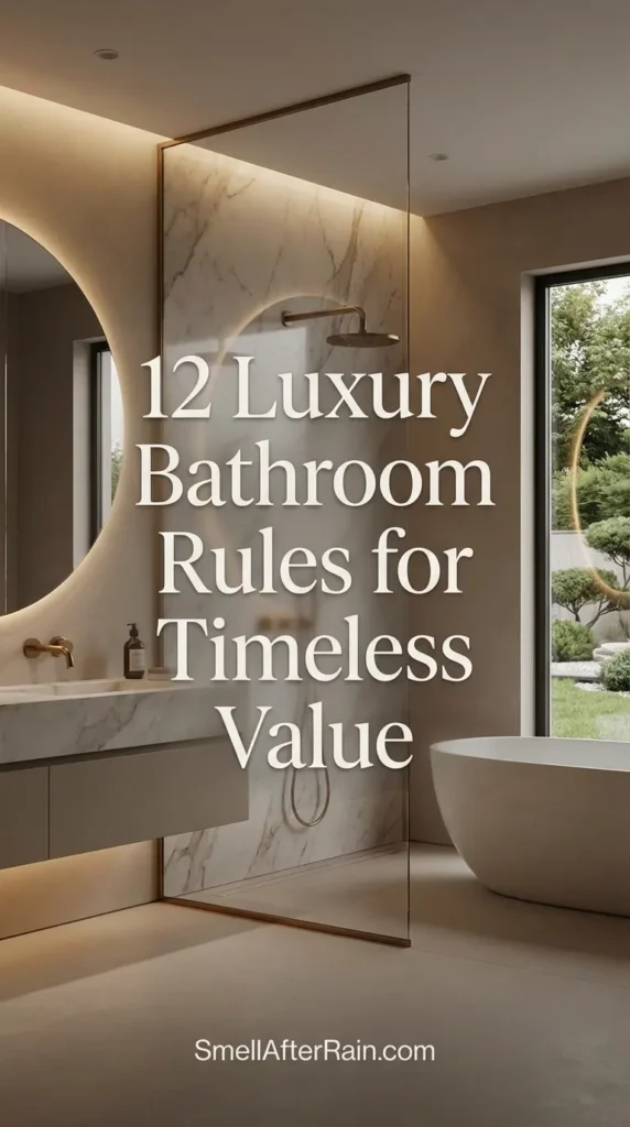 A spacious, elegant master bathroom featuring a white freestanding tub, marble flooring, and brass fixtures, illustrating the 12 Luxury Bathroom Rules for Timeless Value. Ideally styled for high-end interior design inspiration and home value optimization.
