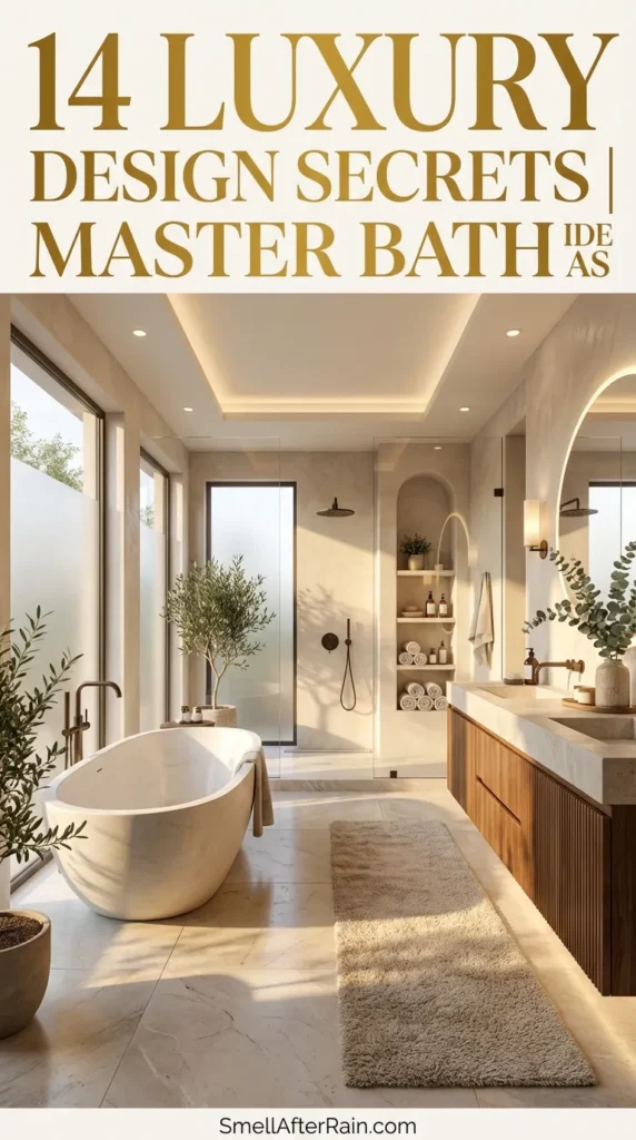 A stunning, spa-inspired master bathroom featuring a white freestanding tub, a glass-enclosed wet room, and elegant natural stone tiles. The space showcases floating vanities and mixed metal hardware, illustrating 14 Luxury Design Secrets | Master Bath Ideas for a high-end home renovation.