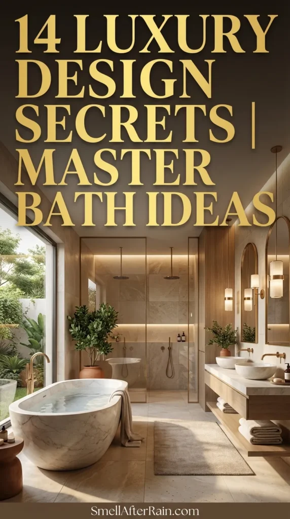 A stunning, bright modern bathroom featuring a white freestanding soaking tub near a large window, a warm wood floating vanity, and marble flooring. The space showcases 14 Luxury Design Secrets | Master Bath Ideas, including layered lighting fixtures and mixed metal hardware. The aesthetic is clean, neutral, and spa-like, demonstrating high-end interior design principles for a home renovation.