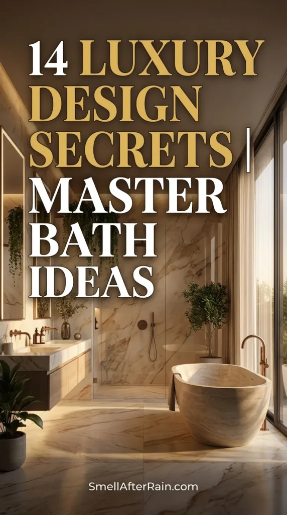 A stunning modern bathroom interior featuring a large freestanding soaking tub, a glass-enclosed wet room with rain shower, and elegant marble flooring. The space illustrates 14 Luxury Design Secrets | Master Bath Ideas, highlighting a floating vanity with warm under-cabinet lighting, mixed metal hardware, and lush greenery for a biophilic touch.