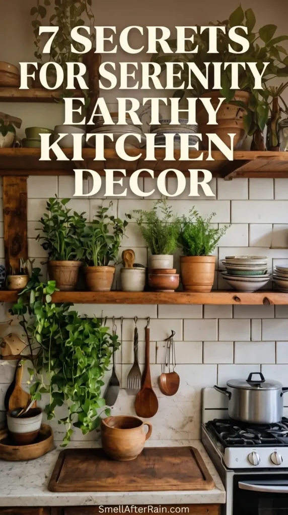A cozy kitchen scene featuring open wooden shelves filled with lush green plants, terracotta pots, and ceramic dishes against white subway tiles. A wooden cutting board and hanging utensils add warmth to the counter, perfectly illustrating the 7 Secrets for Serenity Earthy Kitchen Decor through biophilic design and natural textures.
