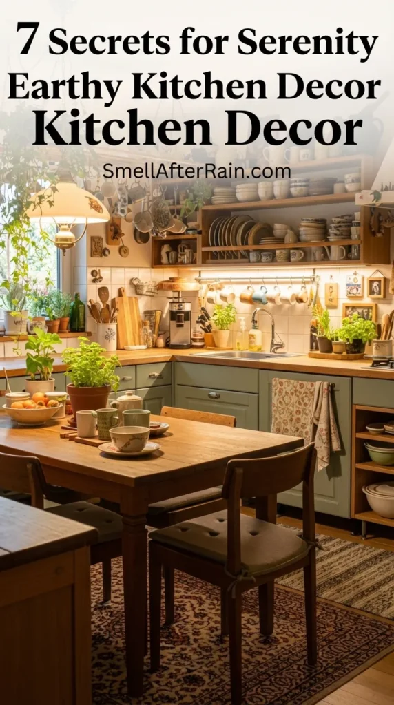 A cozy, cluttered kitchen featuring sage green cabinets, wooden countertops, and a dining table set for a meal. The space is filled with hanging plants, open shelving displaying ceramic pottery, and warm pendant lighting, embodying the 7 Secrets for Serenity Earthy Kitchen Decor. A vintage patterned rug covers the floor, highlighting biophilic design elements and rustic charm.