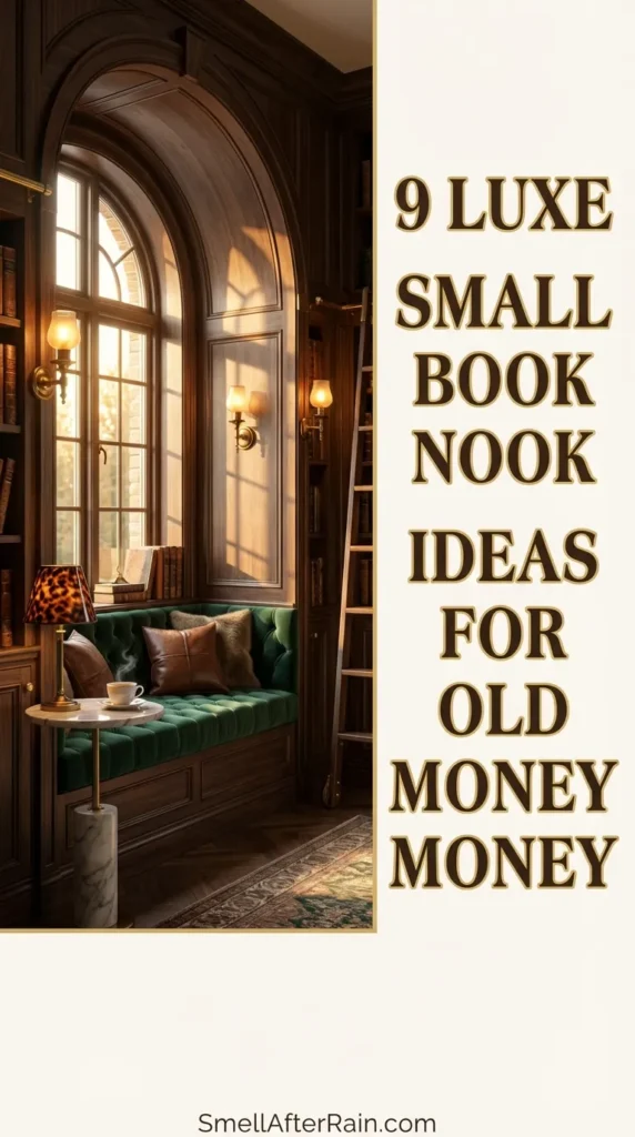 A cozy, high-end reading alcove featuring built-in dark wood bookshelves and a tufted velvet window seat. The design illustrates 9 Luxe Small Book Nook Ideas for Old Money Style, complete with brass antique sconces, leather accents, and curated shelf styling. Ideal inspiration for transforming small spaces into elegant home libraries.