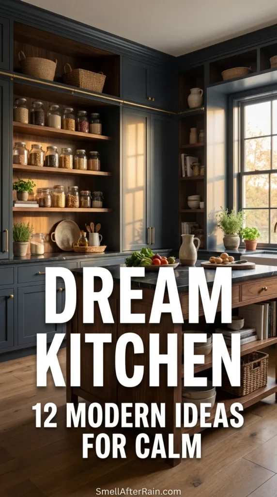 A sophisticated, dark-themed walk-in pantry featuring floor-to-ceiling black cabinetry and open shelving. Meticulously organized glass jars and woven baskets demonstrate cognitive unloading, while potted plants add biophilic elements. This organized space represents the ultimate Dream Kitchen - 12 Modern Ideas for Calm, showcasing how mood lighting and clutter-free zones contribute to mental clarity.