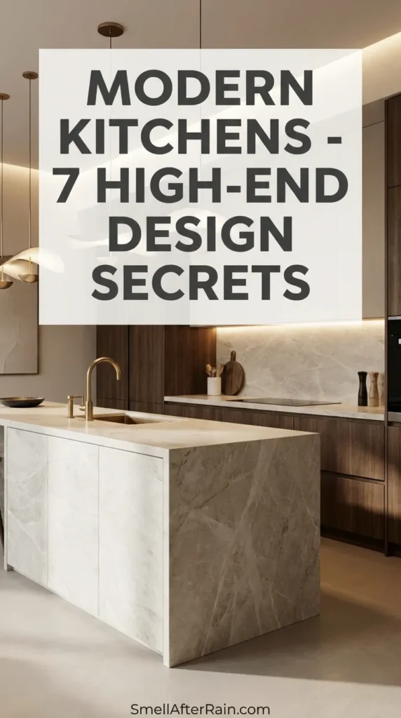 A sleek, luxurious kitchen featuring warm neutral tones, marble countertops, and statement lighting above a large architectural island. The design illustrates Modern Kitchens - 7 High-End Design Secrets, showing how hidden storage and high-quality materials create a clutter-free, minimalist look suitable for both large and small spaces.
