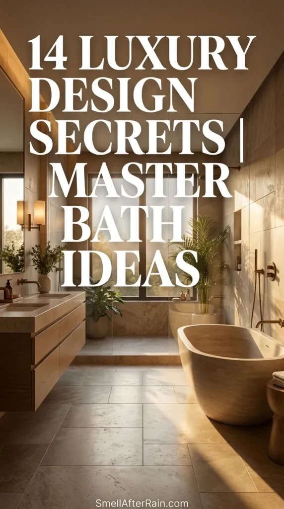 Interior view of a high-end spa bathroom featuring a large freestanding tub, a glass-enclosed wet room, and warm neutral stone finishes. The design illustrates 14 Luxury Design Secrets | Master Bath Ideas, highlighting floating vanities, layered lighting fixtures, and mixed metal hardware accents for an elegant home upgrade.