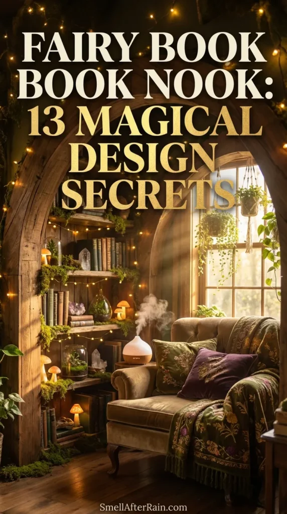 A cozy, dimly lit reading corner featuring hanging vines and soft fairy lights. The space exemplifies a Fairy Book Nook: 13 Magical Design Secrets, showcasing a comfortable armchair with textured blankets, miniature whimsical artifacts, and wooden shelves filled with books. The lighting mimics a firefly glow, creating a warm, safe atmosphere for reading.