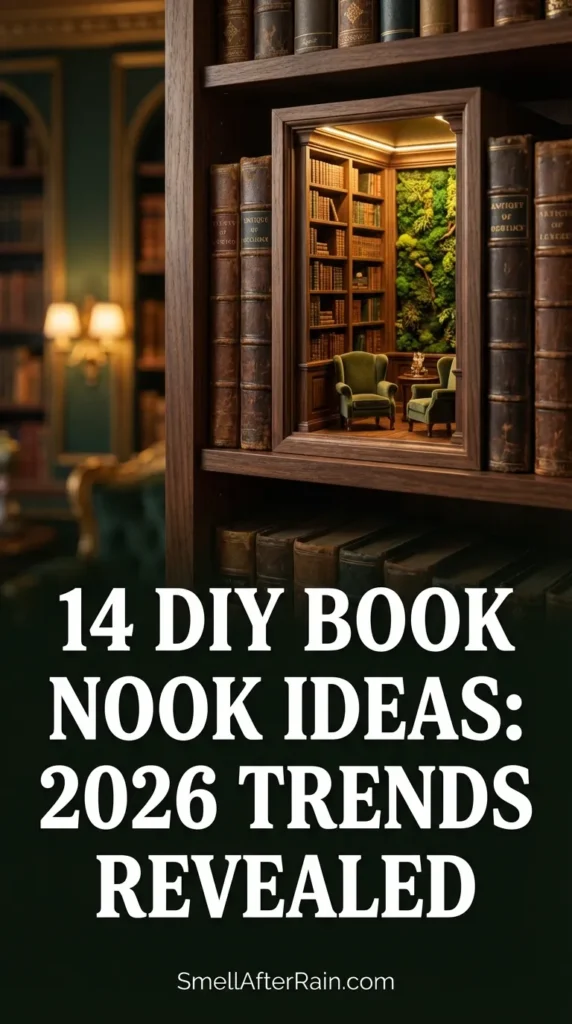 A stunning close-up of a wooden bookshelf featuring a magical miniature forest insert with moss and tiny trees. The shelf showcases 14 DIY Book Nook Ideas: 2026 Trends Revealed, highlighting the shift to biophilic realism and detailed craftsmanship. Perfect inspiration for book lovers looking to create a cozy reading corner with unique shelf inserts and dioramas.