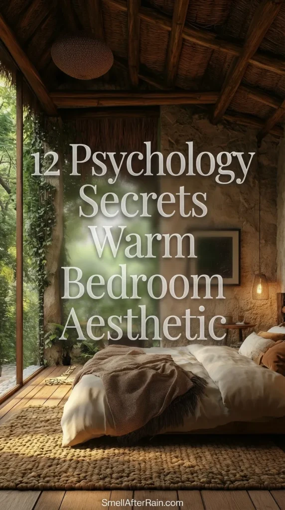 A cozy rustic bedroom featuring a rough stone accent wall, exposed wooden ceiling beams with thatch, and floor-to-ceiling windows overlooking a lush green forest. The bed is dressed in soft neutral linens and a warm brown throw blanket. A textured woven rug sits on wooden floorboards next to a hanging pendant light. This peaceful scene illustrates the 12 Psychology Secrets Warm Bedroom Aesthetic by blending natural materials with biophilic design.