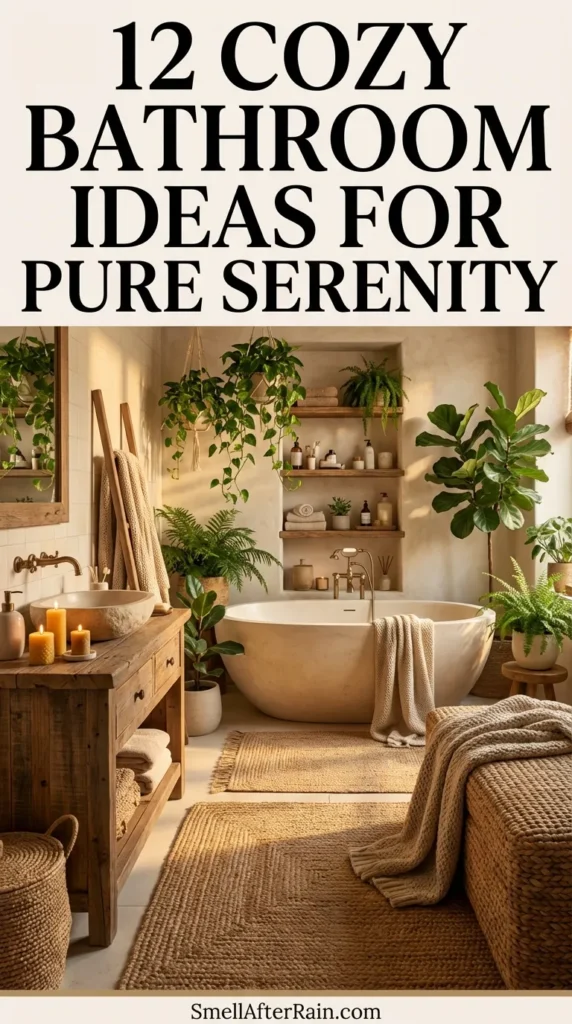 A warm, inviting bathroom interior showcasing 12 Cozy Bathroom Ideas for Pure Serenity. The scene features beige tiled walls, a light wood vanity with a vessel sink, and an abundance of green hanging plants. Soft textured rugs, woven wicker baskets, and glowing pillar candles create a relaxing atmosphere, highlighting earthy palettes and organic imperfections for a spa-like feel.