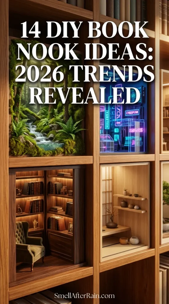 A close-up of a stunning illuminated bookshelf insert featuring a miniature walnut library with velvet texture and realistic lighting. This pin illustrates 14 DIY Book Nook Ideas: 2026 Trends Revealed, showcasing biophilic realism and infinity mirror effects to add depth to home libraries. Perfect inspiration for DIY crafters looking to upgrade their bookshelves with creative dioramas.