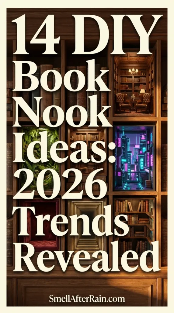 A close-up photograph of a stunning illuminated bookshelf insert featuring a miniature library with walnut finishes and tiny hidden LED lights. The diorama sits nestled between vintage hardcover books. This visual represents the guide on 14 DIY Book Nook Ideas: 2026 Trends Revealed, showcasing biophilic designs, cyberpunk themes, and infinity mirror illusions for DIY enthusiasts looking to upgrade their home library decor.