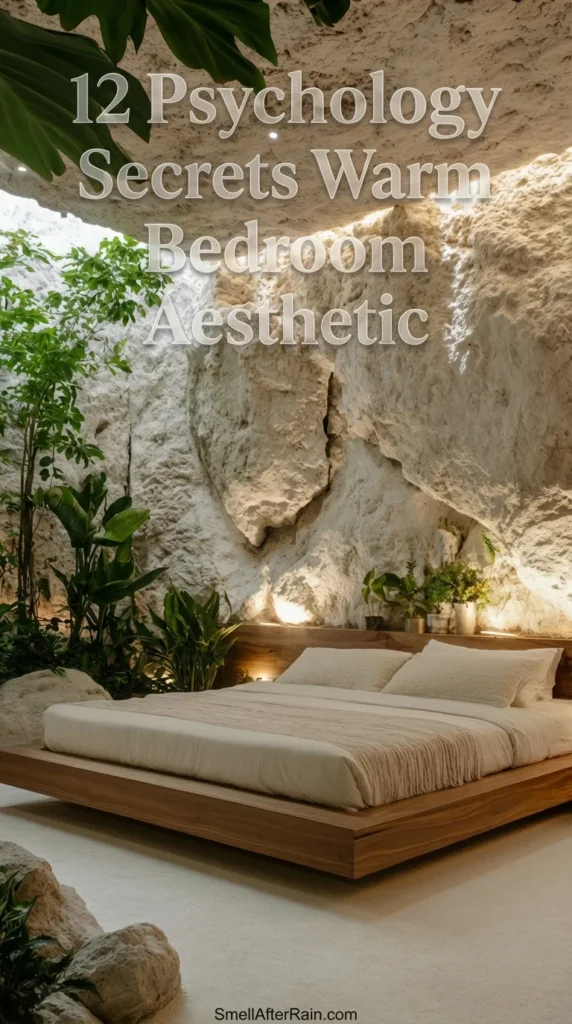A breathtaking cave-style bedroom featuring rough stone walls and a skylight, perfectly illustrating the 12 Psychology Secrets Warm Bedroom Aesthetic. A low wooden platform bed with soft beige bedding is surrounded by lush tropical plants, creating a calm, organic atmosphere for restorative sleep.