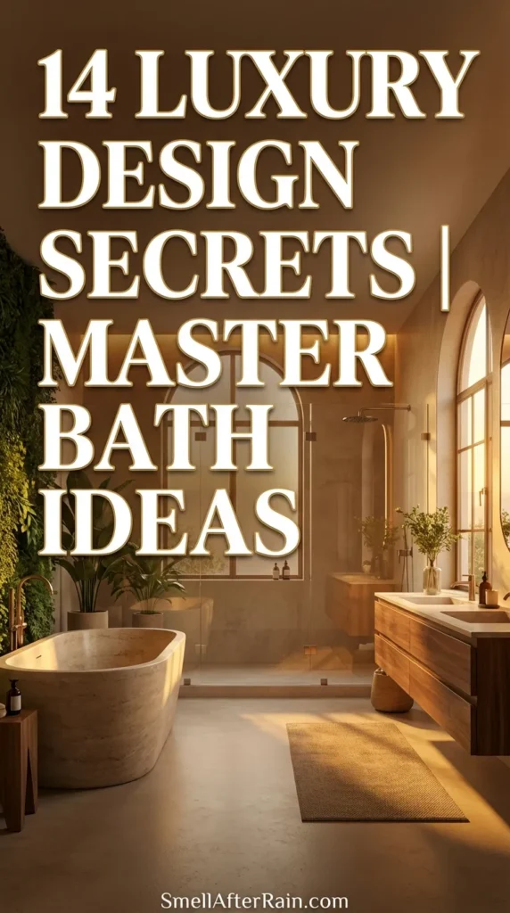 A luxurious, modern bathroom interior featuring a freestanding soaking tub, floating vanity, and natural stone finishes, illustrating 14 Luxury Design Secrets | Master Bath Ideas for a high-end home renovation.