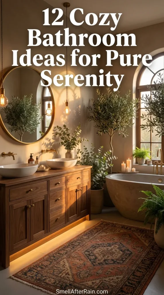 A warm and inviting bathroom featuring a walnut vanity with under-cabinet lighting, grey subway tiles, and hanging Edison bulbs. A large bouquet of eucalyptus sits by a freestanding tub, with candles flickering on the window sill during sunset. A patterned rug adds texture to the floor, illustrating one of our 12 Cozy Bathroom Ideas for Pure Serenity.