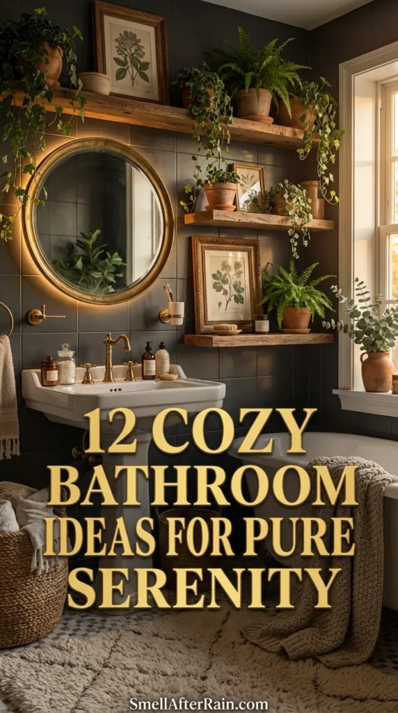 A small, inviting bathroom design illustrating 12 Cozy Bathroom Ideas for Pure Serenity. The space features dark grey tiled wainscoting contrasted with white walls filled with a vintage gallery wall art collection. Open wooden shelves display trailing plants and decor. A white pedestal sink and toilet sit on a tiled floor with a vintage rug. A large wicker basket adds texture, while warm sconce lighting creates a relaxing atmosphere perfect for biophilic and cottagecore enthusiasts.