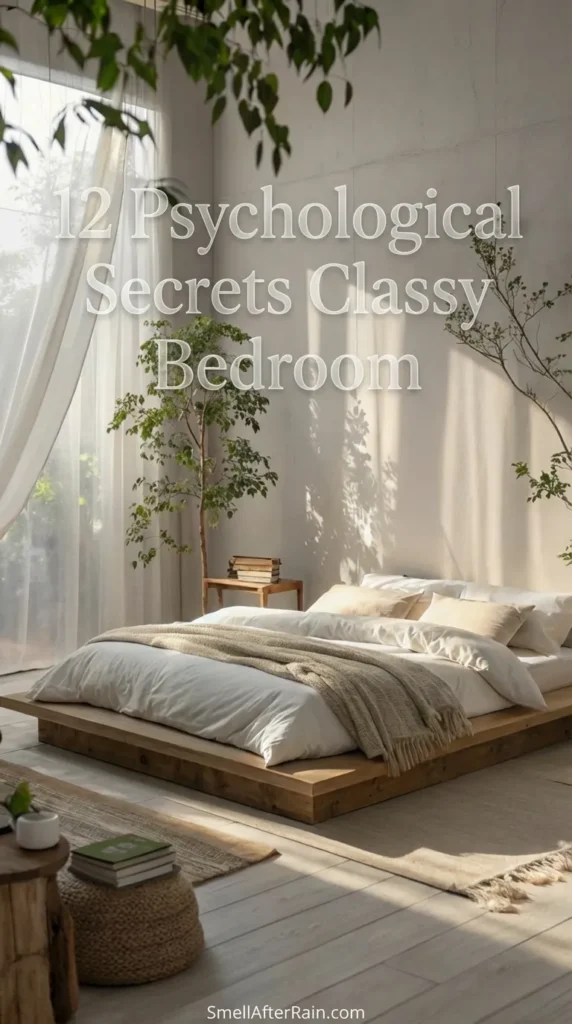 A sunlit, minimalist bedroom featuring a low wooden platform bed with white bedding and a beige throw blanket. Sunlight filters through sheer curtains, casting shadows of tall indoor trees against a textured concrete wall. The design reflects the 12 Psychological Secrets Classy Bedroom layouts use, focusing on biophilic elements, natural light, and neutral tones for a serene atmosphere.