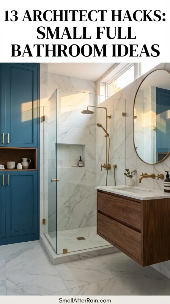 A stylish small bathroom featuring a wooden vanity, white subway tiles, and a custom blue cabinet mounted above the toilet for extra storage. The design highlights 13 Architect Hacks Small Full Bathroom Ideas, including vertical storage integration and strategic lighting with pendant lamps. A large pill-shaped mirror expands the visual space, while geometric floor tiles add character to the compact layout.