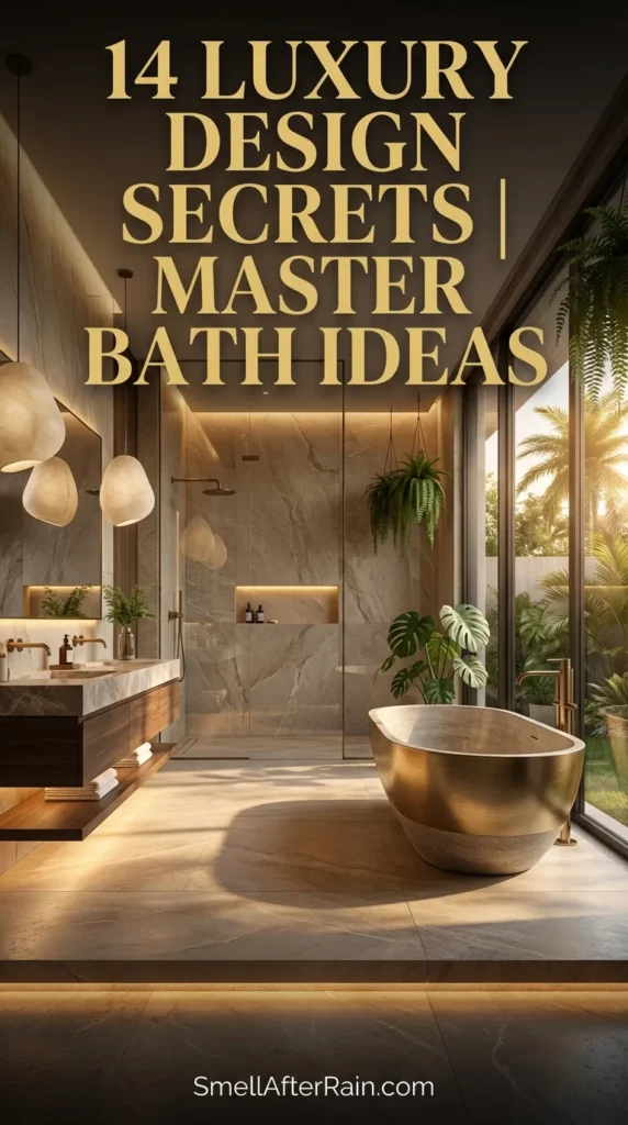 A stunning, modern master bathroom featuring a freestanding tub, mixed metal hardware, and natural stone finishes. This interior design example highlights 14 Luxury Design Secrets | Master Bath Ideas, showcasing a wet room layout, floating double vanity, and layered ambient lighting for a spa-like retreat.