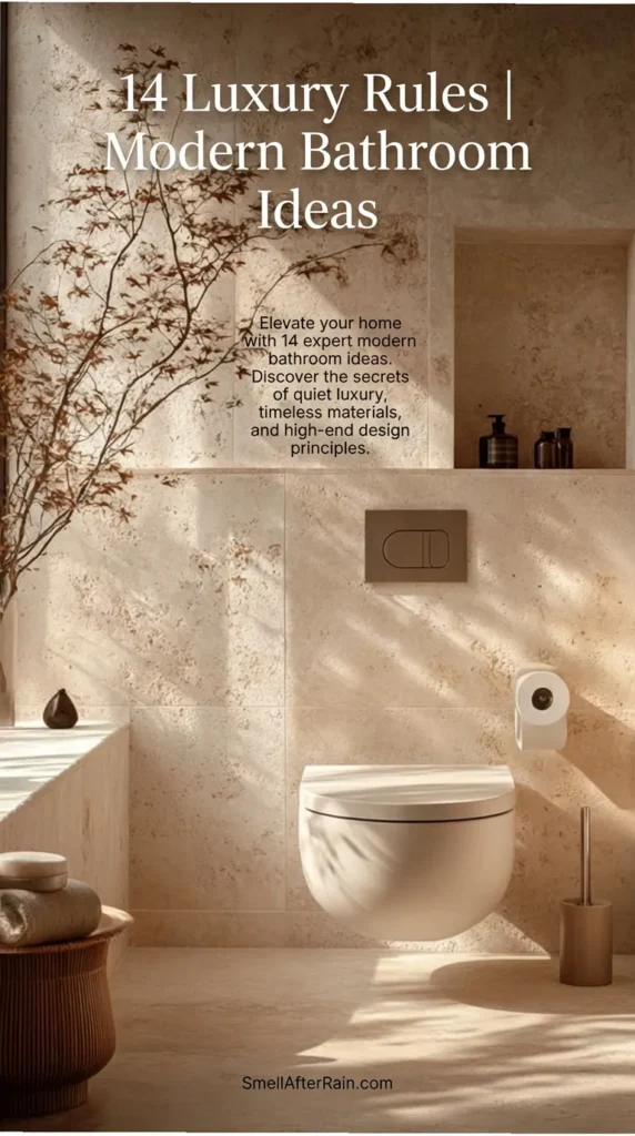 A serene, minimalist bathroom featuring floor-to-ceiling beige travertine stone tiles and a sleek wall-hung white toilet. Natural sunlight casts artistic shadows of tree branches across the textured walls, embodying 14 Luxury Rules | Modern Bathroom Ideas. A recessed niche holds amber bottles, while a fluted wooden stool with rolled towels adds warmth to this spa-like, quiet luxury space.
