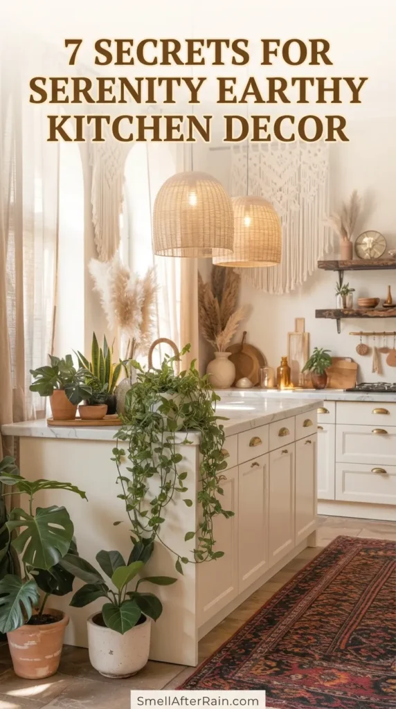 A cozy, sun-lit kitchen featuring cream cabinets and a marble island draped with lush trailing pothos plants. Two large wicker pendant lights hang above, complementing macrame wall art and vases of dried pampas grass on open wooden shelves. Large arched windows with beige curtains illuminate a vintage red runner rug and potted monstera plants, perfectly illustrating the 7 Secrets for Serenity Earthy Kitchen Decor.