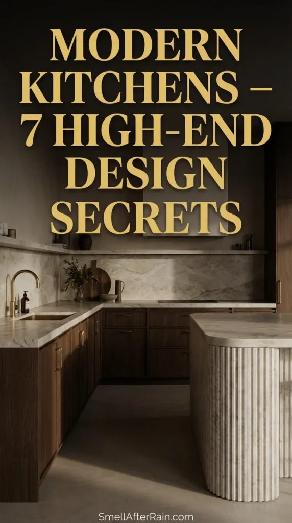 A sophisticated interior view showcasing Modern Kitchens - 7 High-End Design Secrets, featuring a large architectural island, warm neutral stone textures, and statement pendant lighting. The minimalist cabinetry conceals clutter, embodying the old money aesthetic and high-end luxury design.