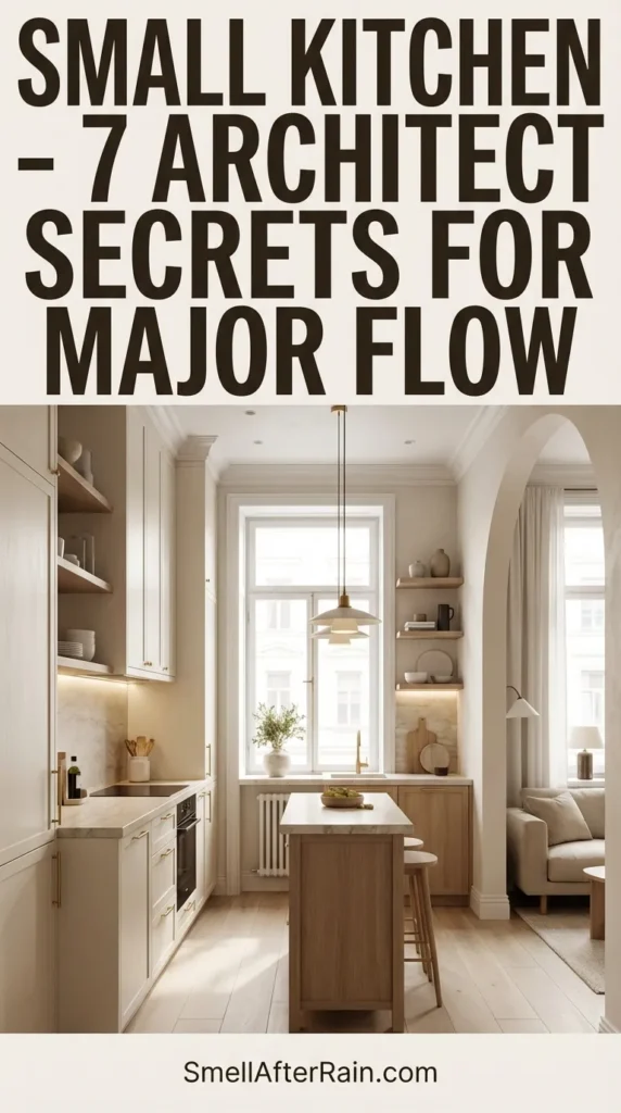 A bright, modern small kitchen featuring floor-to-ceiling vertical storage and warm neutral tones. The design exemplifies a Small Kitchen - 7 Architect Secrets for Major Flow, utilizing layered lighting and material science to create an illusion of space.