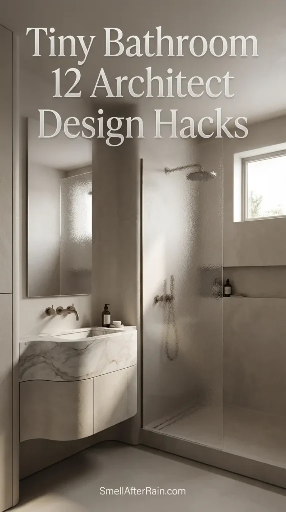 A bright and airy modern small bathroom featuring a floating vanity, large mirror, and glass shower enclosure to enhance space. The image illustrates Tiny Bathroom 12 Architect Design Hacks for maximizing small footprints during a renovation.