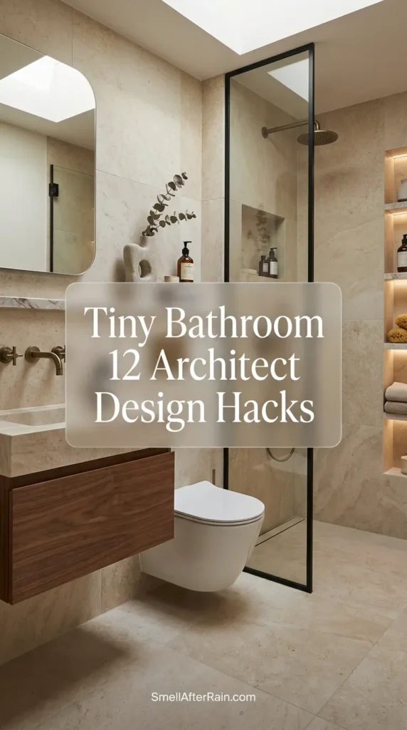 A beautifully designed, compact modern bathroom featuring a floating vanity, glass shower enclosure, and large mirrors to enhance depth. This interior exemplifies the Tiny Bathroom 12 Architect Design Hacks discussed in the blog post, showing how to maximize flow and style in limited square footage.