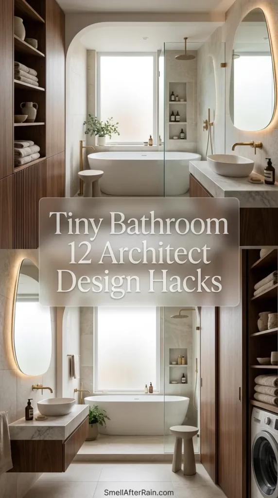 A bright and airy modern bathroom renovation featuring space-saving fixtures and clever storage. The image showcases Tiny Bathroom 12 Architect Design Hacks implemented in a real home, including a floating vanity and large mirrors that reflect light to make the room appear larger. The design is minimalist white with gold accents, demonstrating how to maximize small footprints without losing style.