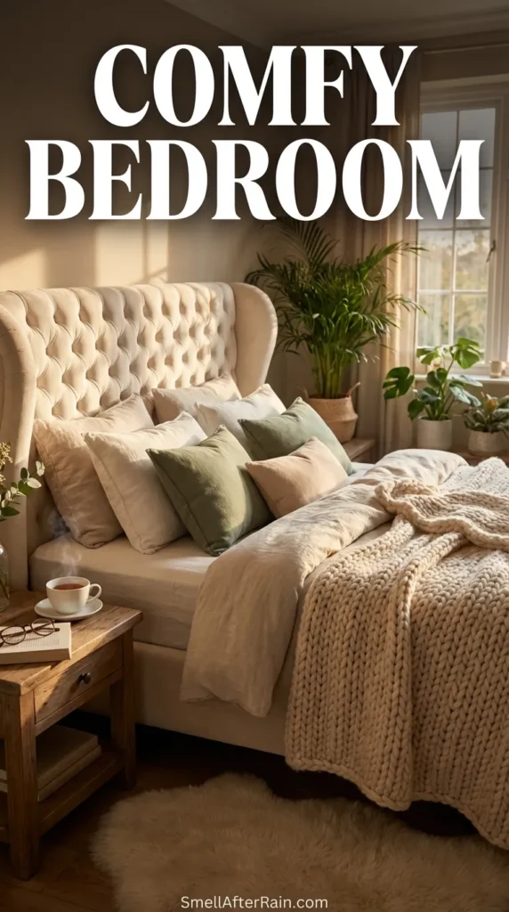 A cozy and Comfy Bedroom featuring a white tufted headboard adorned with green ivy garland. The bed is layered with fluffy white bedding, sage green pillows, and a large grey chunky knit throw blanket. Sheer white curtains hang by the window, enhancing the warm and aesthetic atmosphere of the room.