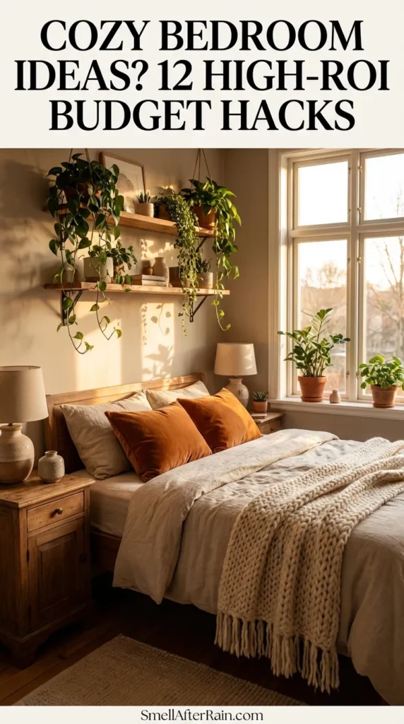 A warm, sunlit bedroom featuring a bed with a chunky beige knit throw, white linens, and rust-colored pillows. Wooden floating shelves display trailing plants, and potted plants sit on the window sill next to a large window. This scene illustrates Cozy Bedroom Ideas? 12 High-ROI Budget Hacks for a stylish, affordable home update with bohemian vibes.