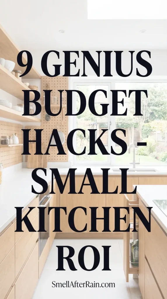 A bright, modern small kitchen featuring floor-to-ceiling storage and open shelving. The image illustrates 9 Genius Budget Hacks - Small Kitchen ROI, showing how lighting theory and compact appliances maximize space. Perfect inspiration for DIY kitchen renovations and IKEA hack strategies to increase home value on a budget.