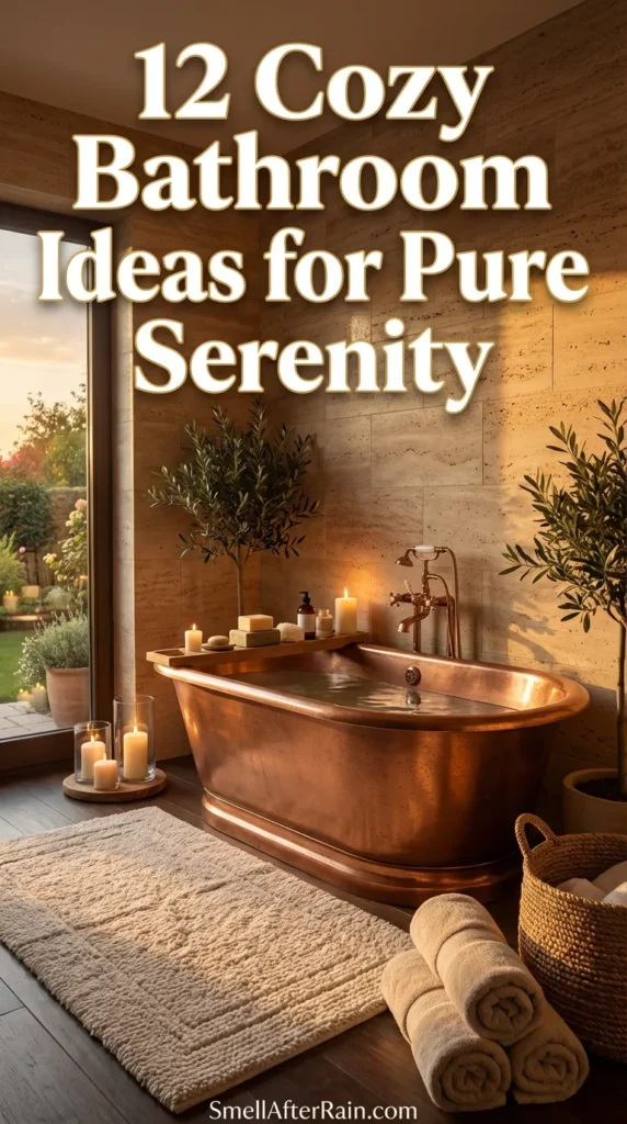 A luxurious, rustic bathroom featuring a natural stone walk-in shower with a rainfall head and warm candlelight. The space includes deep green walls, a tall bamboo plant in a woven basket, and a plush beige rug on stone tile floors. Wooden stools hold glowing candles and towels, creating a romantic spa atmosphere. This design showcases 12 Cozy Bathroom Ideas for Pure Serenity through earthy textures and biophilic elements.