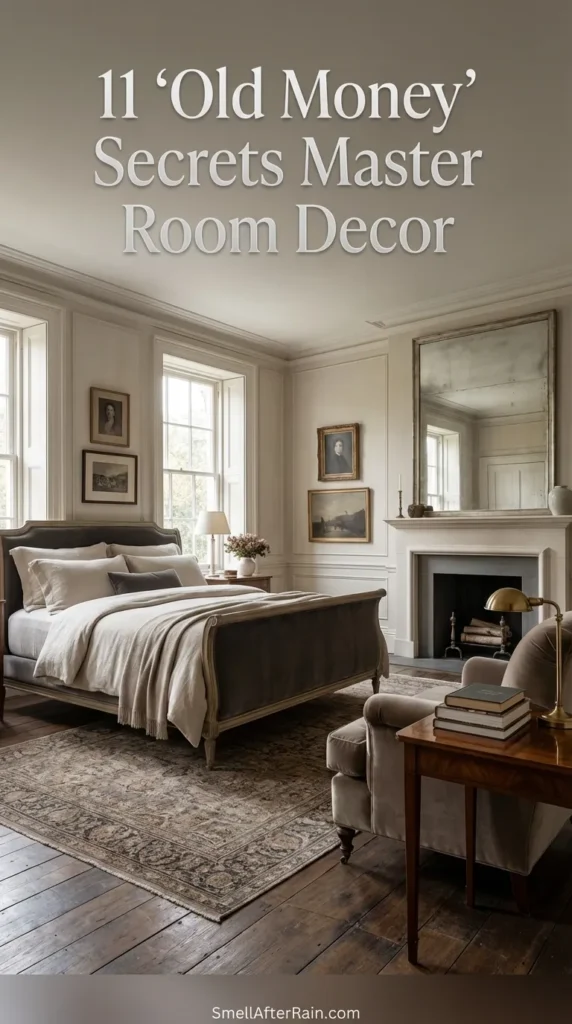 A beautifully styled master bedroom showcasing the 11 "Old Money" Secrets Master Room Decor with neutral tones, rich wood textures, and high-quality linen bedding. The space features antique decor, symmetrical lighting, and a clutter-free layout representing timeless luxury and high-end minimalism.