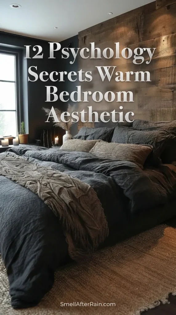A moody and cozy bedroom design featuring a rustic reclaimed wood accent wall behind a bed with dark charcoal linen bedding. Soft candlelight and dried pampas grass in a vase on the windowsill create a relaxing atmosphere, perfectly visualizing the 12 Psychology Secrets Warm Bedroom Aesthetic for better sleep and modern style.