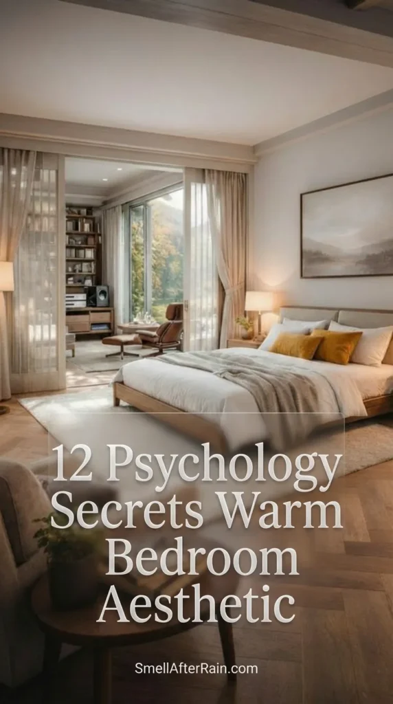 A luxurious and cozy bedroom interior featuring herringbone wood flooring, a plush bed with mustard yellow accent pillows, and warm ambient lighting. A reading nook in the foreground holds books on a round table. Glass pocket doors open to a sunlit study with bookshelves and a view of nature, perfectly illustrating the 12 Psychology Secrets Warm Bedroom Aesthetic.