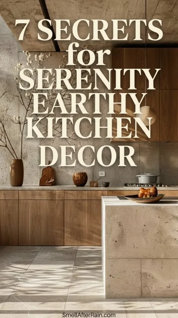 A serene, minimalist kitchen featuring raw concrete walls, warm wooden cabinetry, and a textured stone island. Sunlight casts dramatic shadows through dried branches in a ceramic vase, illustrating the 7 Secrets for Serenity Earthy Kitchen Decor. The design focuses on tactile materials, biophilic interventions, and a neutral color palette for a grounding atmosphere.