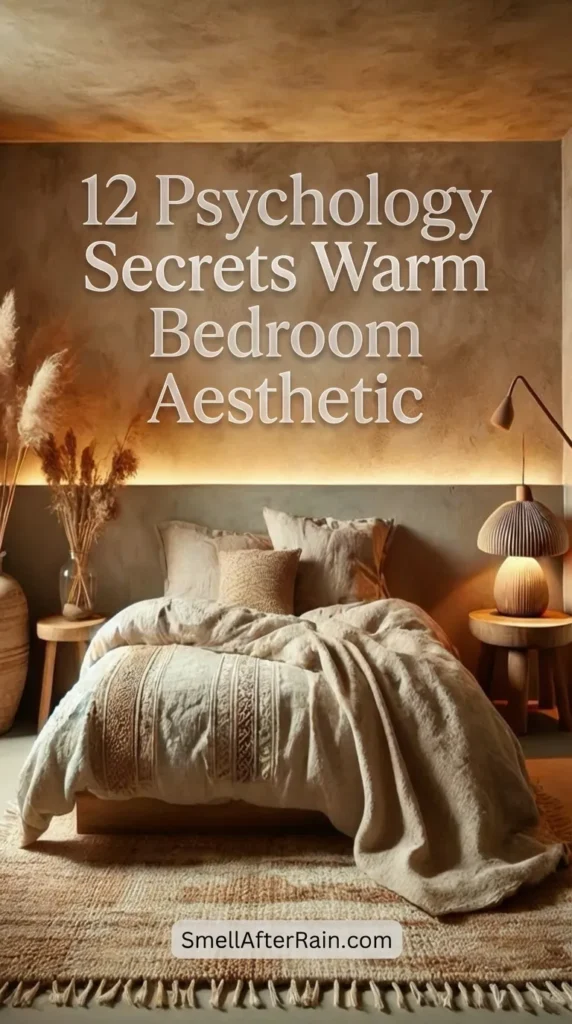 A cozy, monochromatic beige bedroom featuring textured limewash walls and soft ambient lighting behind the headboard. A large clay vase with dried pampas grass sits beside a low-profile bed layered with linen duvet covers and a knit throw on a textured rug. This design exemplifies the 12 Psychology Secrets Warm Bedroom Aesthetic by using earth tones, warm wood accents, and organic textures to create a restorative, calming sanctuary for better sleep.