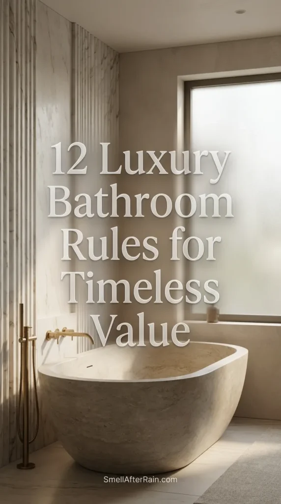 A bright, spacious master bath featuring a freestanding tub, gold fixtures, and marble flooring. The image represents the guide on 12 Luxury Bathroom Rules for Timeless Value, showcasing high-end material secrets and timeless interior design strategies for increasing home worth.