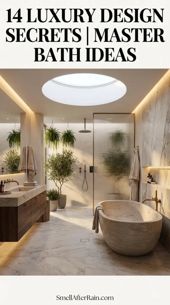 A stunning, high-end master bathroom featuring a white freestanding soaking tub, floating wood vanities, and a glass-enclosed wet room. The space utilizes natural stone and ambient lighting, illustrating the 14 Luxury Design Secrets | Master Bath Ideas for a spa-like home renovation.
