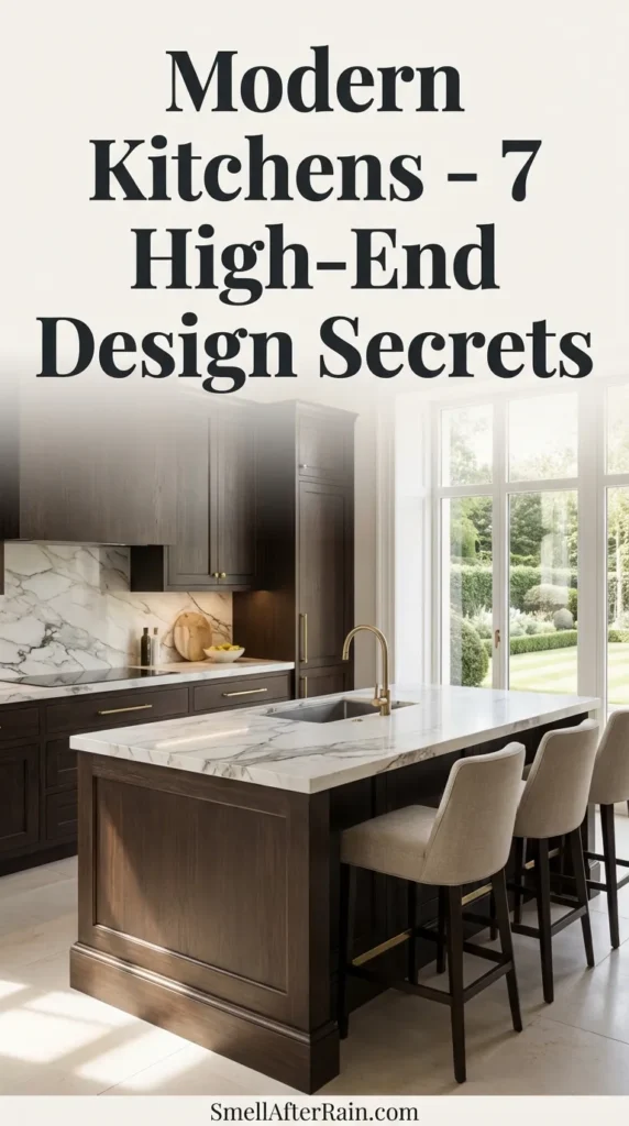 A luxurious, minimalist kitchen featuring a massive stone island and warm neutral tones. The space utilizes dramatic lighting fixtures that act as jewelry for the room, illustrating Modern Kitchens - 7 High-End Design Secrets. The cabinetry creates a seamless flow, concealing clutter to achieve a timeless Old Money aesthetic perfect for high-end interior design inspiration.