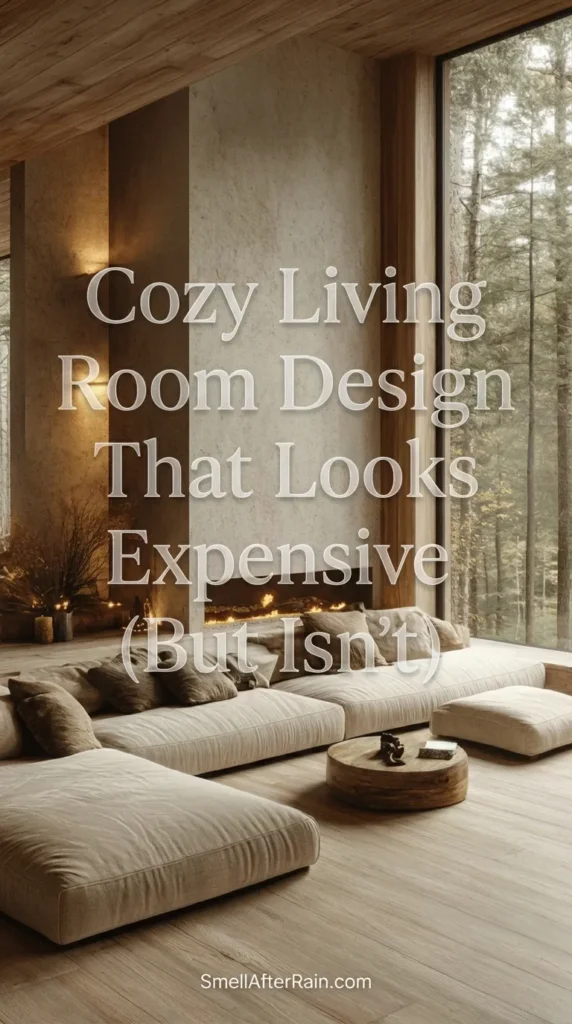 A serene and minimalist interior featuring a Cozy Living Room Design That Looks Expensive (But Isn't). The space showcases low-profile beige floor sofas loaded with textured pillows, a modern linear fireplace embedded in a textured concrete wall, and warm wood ceiling paneling. Large floor-to-ceiling windows frame a forest view, demonstrating how natural light and neutral tones create luxury on a budget.