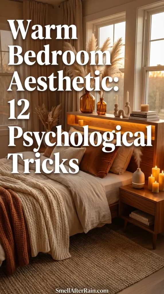 A cozy bedroom scene featuring burnt orange bedding, knit textures, and glowing candles, illustrating a Warm Bedroom Aesthetic: 12 Psychological Tricks. Soft golden light filters through sheer curtains onto pampas grass decor and rustic wooden furniture.