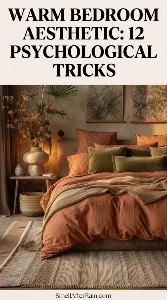 A cozy, earthy bedroom scene featuring a terracotta knit throw and green linen pillows, perfectly illustrating the Warm Bedroom Aesthetic: 12 Psychological Tricks. The room features a woven table lamp casting a soft glow, natural wood ceilings, botanical artwork, and a large jute rug.