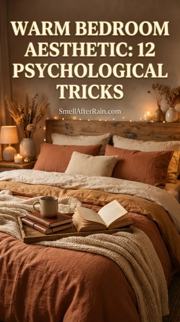 A cozy, dimly lit room demonstrating a Warm Bedroom Aesthetic: 12 Psychological Tricks. The scene features a wooden bed with layered linen bedding in brown and beige tones, a chunky knit throw, and fluffy pillows. Soft amber light glows from a bedside lamp, fairy lights, and candles. An open book and a ceramic mug sit on a wooden tray on the bed, inviting relaxation.